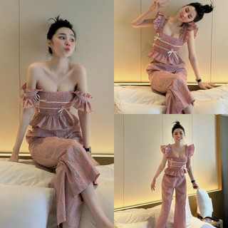  Sét bộ đồ nữ áo dập ly mocking họa tiết 2 dây bèo cách tiên sang chảnh phối đũi caro mix quần dài tôn dáng trẻ trung 210 
