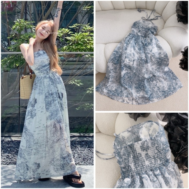 Đầm midi hoa hoạ tiết cột dây yếm