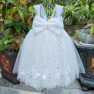 Váy bé gái trắng nơ voan sao size từ 1 tháng đến 10 tuổi
