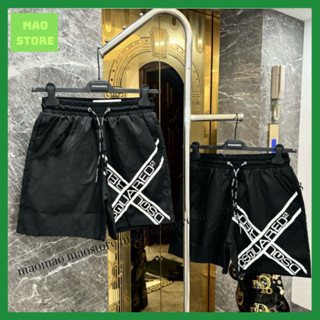 Quần Short Gió Nam DSQ Đen In Vạch Chữ Băng Rôn Sọc Chéo Dấu X Cạp Chun Dây Thắt . Quần Đùi Siêu Cấp Dành Cho Anh Em Phố