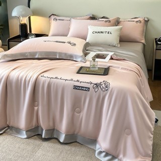 Bộ chăn ga gối phi lụa 4 món chăn trần bông thêu chữ đủ kích thước siêu mềm mát set chăn ga gối lụa mát