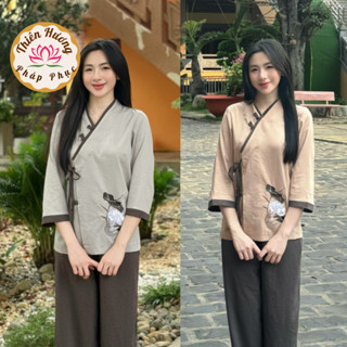 Đồ bộ đi chùa vạt chéo thắt nơ vải đũi Pháp phục lễ chùa truyền thống thêu hoa Đồ lam nữ đũi mềm mát đi tu tập