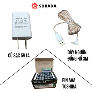 Phụ kiện lắp đặt và sử dụng đồng hồ điện tử led Subada gồm dây cáp nguồn 3 mét, pin AAA, củ sạc 5V1A PKDHO