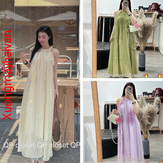HV - Váy Maxi Cổ Yếm đính hoa nổi Chất Đũi Tơ Hai Lớp Thích Hợp Đi Biển, Đi Chơi