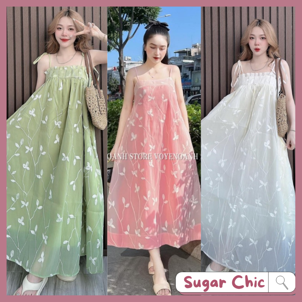 Đầm maxi đi biển dáng dài 2 dây cột thêu hoa nổi nhún ngực, Váy maxi 2 dây tơ thêu hoa xếp ly ngực đi biển đẹp