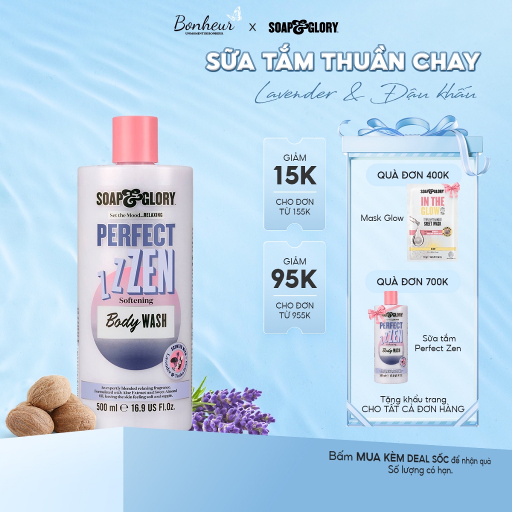 Sữa tắm Soap and Glory 500ml  PERFECT ZEN Softening Body Wash dưỡng ẩm, trắng da hương lavender đậu khấu