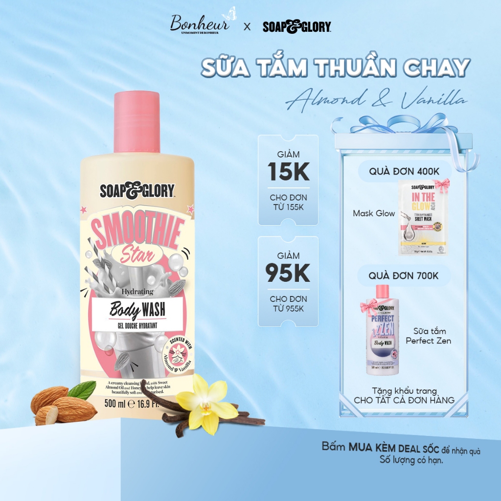 Sữa tắm Soap and Glory 500ml SMOOTHIE STAR Hydrating Body Wash dưỡng ẩm, trắng da hương vanila kem sữa