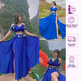 Đầm maxi thổ cẩm tua rua xẻ tà dáng xoè màu xanh lạ lạ nhìn cực chất sống ảo cực chill
