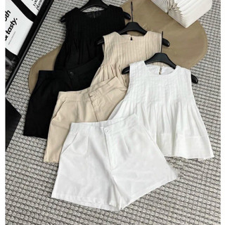 Set Áo Sơmi Trắng bèo chân váy jean ôm, Sét áo xếp ly quần short