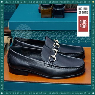 Giày lười da thật cổ điển mũi vuông, horsebit loafer cao cấp LFP_09A màu đen phối quần tây, bh 2 năm