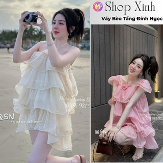 Váy bèo tầng đính ngọc, đầm treo cổ dáng tầng đính ngọc