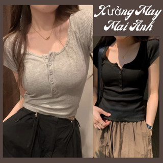  Áo Thun Cài Cúc Nữ Áo Thun Croptop Cổ Vuông Ôm Eo Hack Dáng 