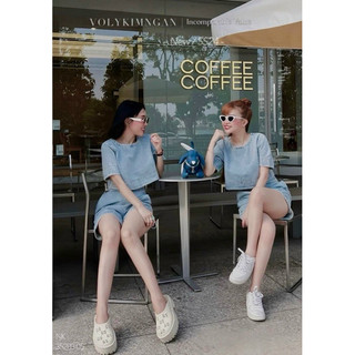 Set áo croptop jeans tay ngắn kèm quần short