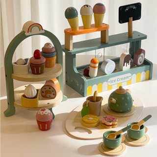 SET ĐỒ HÀNG KABI TRÀ CHIỀU, THÁP BÁNH VÀ QUẦY KEM BẰNG GỖ