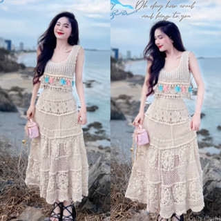 Set ren sợi đi biển nàng thơ 2 món áo croptop kèm chân váy dài A