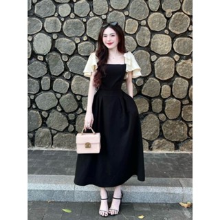 BIGSIZE HIẾU HIẾU (55-95KG) - Váy cổ vuông dáng dài đen trơn tay phối cánh tiên dự tiệc