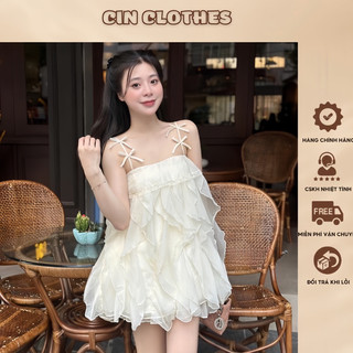 Set đồ nữ áo 2 dây tơ đính nơ bèo nhún mix chân váy xếp tầng cạp chun CINclothes