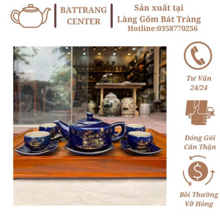 Ấm chén Bát Tràng Thuận Buồm Xuôi Gió-men xanh coban vẽ vàng