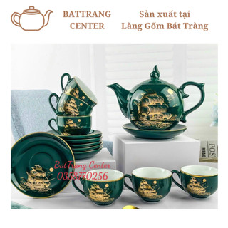 (7 MẪU)Bộ Ấm Chén Pha Trà Bát Tràng -Dáng Chóp,men xanh Cửu Long,vẽ Vàng Thuận Buồm Xuôi Gió