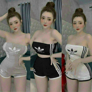 Set bộ áo ống cúp ngực viền sọc adidas + quần short viền sọc adidas