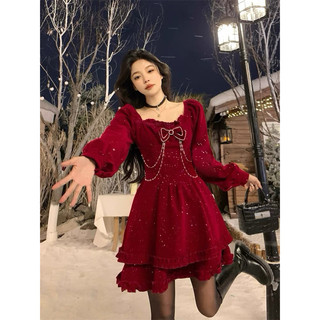 Đầm nhung tiểu thư red lấp lánh bling bling  xoè babydoll ngọt ngào dễ thương dạo phố đi tiệc nổi bật Noel,lễ tết