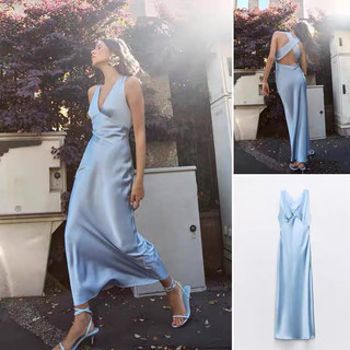 Đầm lụa cổ v xanh dáng dài maxi zara xuất