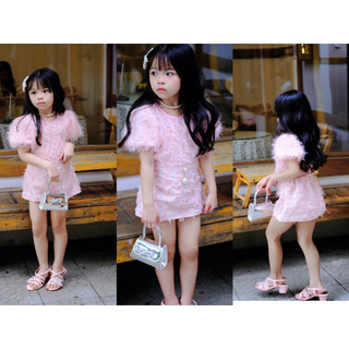 Sét áo lông hồng kèm chân váy tua rua cho bé