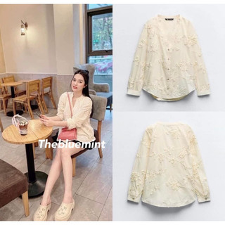 Áo sơ mi cổ tàu hoa nổi zara xuất