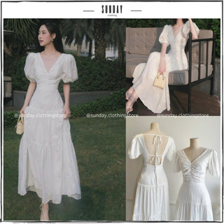 Đầm Maxi Cổ V Hở Lưng Đi Biển, Váy Đầm Tay Bồng Tầng Dáng Xoè Tiểu Thư White Dress - Sunday Clothing DAM023