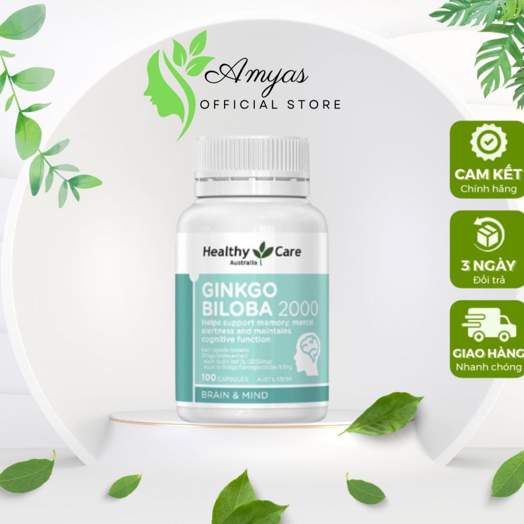 Viên uống bổ não Healthy Care Ginkgo Biloba 2000 tuần hoàn lưu thông máu 100 viên