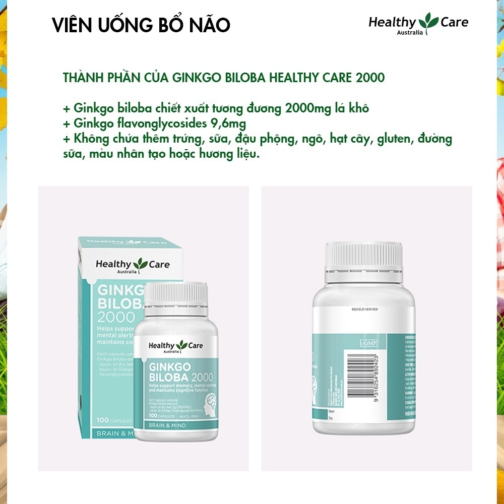 Viên uống bổ não Healthy Care Ginkgo Biloba 2000 tuần hoàn lưu thông máu 100 viên