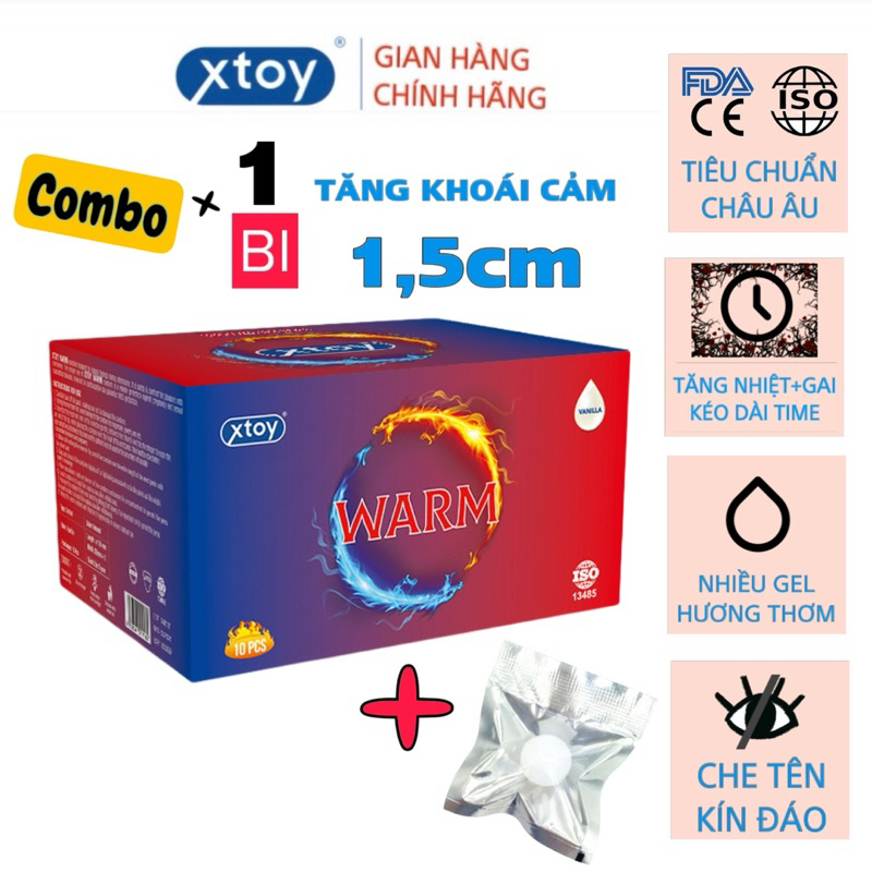 Combo bao cao su XTOY WARM truyền nhiệt, gân gai, tăng khoái cảm, hộp 10 bcs + 01 viên bi 1,5cm