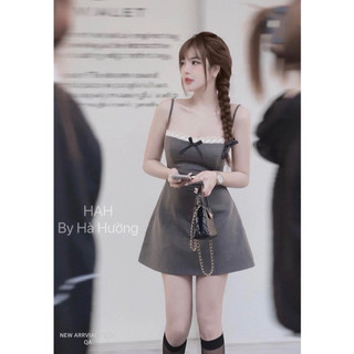 Váy đi biển váy hai dây váy màu ghi phối ren hàng đẹp chuẩn form mẫu mặc đi chơi đi dự tiệc cưới siêu xinh HN DESIGN