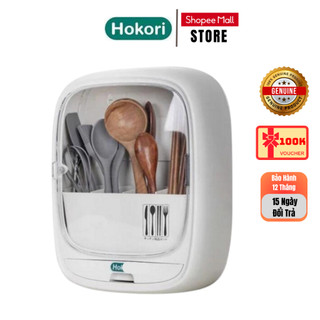 Hộp đựng đũa thìa dán tường hokori 6788, bốn ngăn tiện dụng có nắp đậy, dán tường siêu chắc chắn