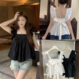 Áo thô bèo vai nơ sau sát nách cánh tiên size s m - halinh shop - áo babydoll chun lưng cánh tiên cổ vuông phối nơ sau