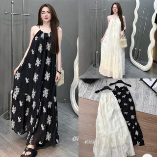 Váy Đầm Nữ Maxi Cổ Yếm Thêu Hoa Dáng Xòe Dài Size S M - Halinh Shop - Váy Yếm Nữ Dáng Dài Thêu Hoa 2 Lớp