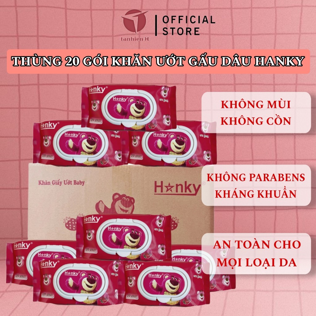 Thùng 20 Gói Khăn Ướt Gấu Dâu Hanky Không Mùi Không Cồn Cao Cấp An Toàn Cho Bé