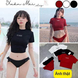 Set bikini Cazi thêu loại 1 bo gen dày dặn đồ bơi swimsuit đồ đi biển 2 món áo croptop tay ngắn chip nơ xuanmaishop12