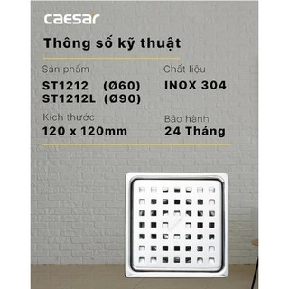 Phễu thoát sàn 12x12cm d90 inox sus304 thoát nước nhanh chống hôi tốt chính hãng caesar st1212l
