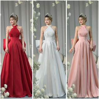 Đầm cưới đi bàn cô dâu dự tiệc cổ yếm chuỗi hạt bắt sáng + nơ lưng full size s/m/l/xl
