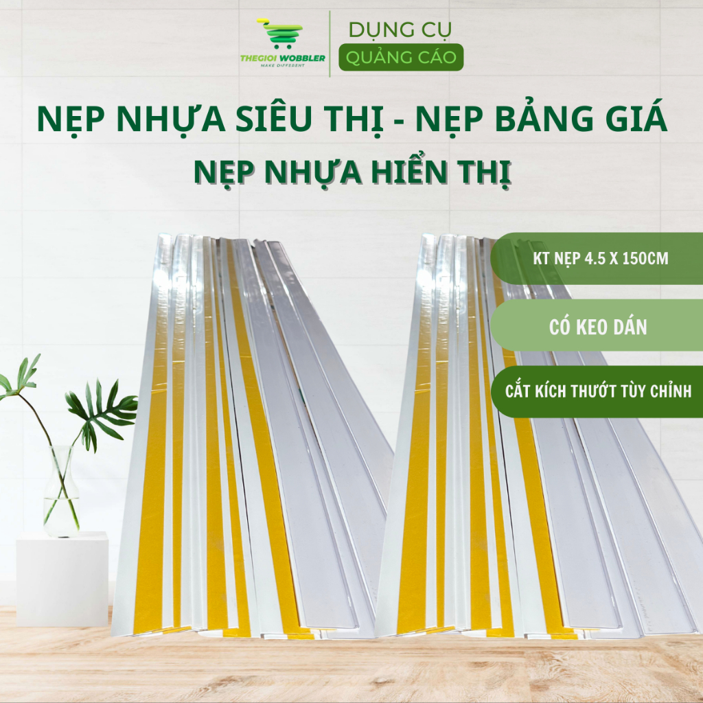 Nẹp nhựa siêu thị, set 05 thanh nẹp cài giá, kẹp giá siêu thị, Thegioi Wobbler, keo dán hai mặt,dán 
