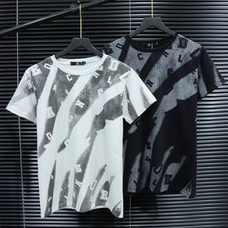 Áo thun nam Vệt loang in chữ vải cotton hút mồ hôi, thoáng mát Menswear Top Áo Thun