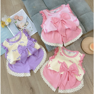 Bộ quần áo bé gái- Bộ đồ bé gái sát nách tay nhún bèo đính nơ ngực cho bé từ 1 tuổi đến 5 tuổi