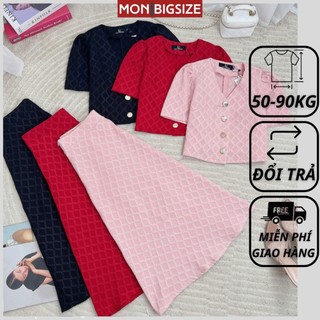 Set đồ bộ bigsize nữ dự tiệc đi chơi sang chảnh kiểu cổ tim kèm chân váy vải gấm nổi cao cấp MON big size 50 - 90kg