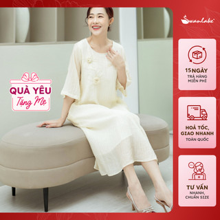 SWANLAKE | Đầm Trung Niên Suông Che Bụng Đính Bông Cổ Tròn Tay Lỡ Vải Tơ Nhún Lót Cotton Sang Trọng Tặng Mẹ - D10858LW02