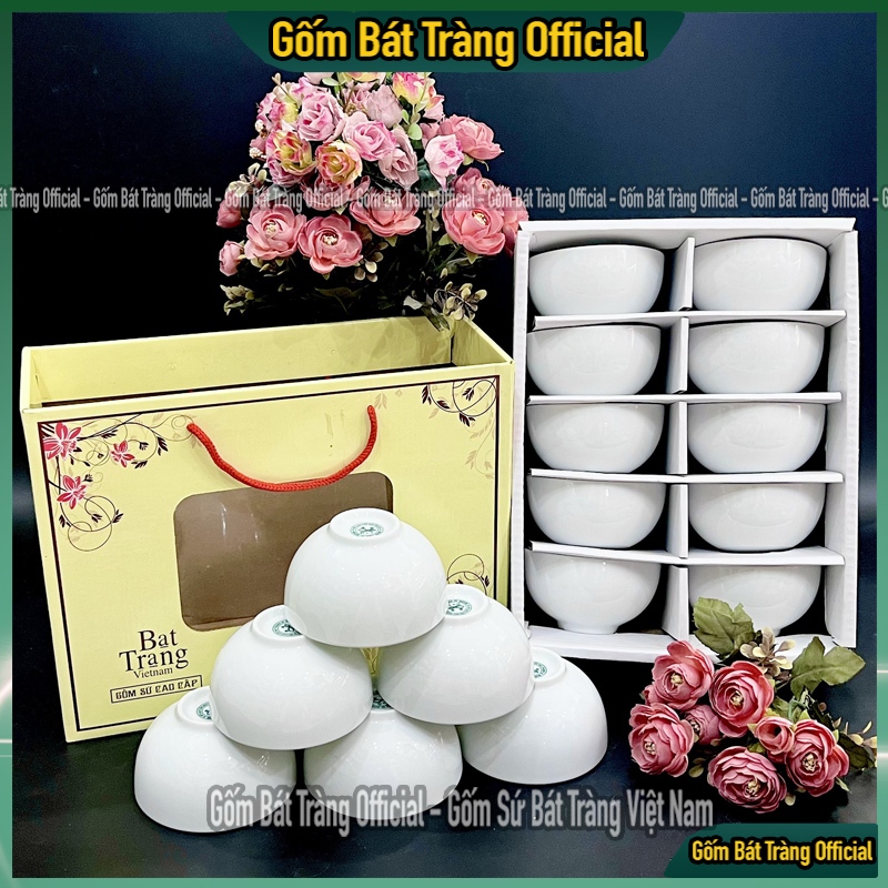 Set 10 Bát Cơm Bát Tràng Cao Cấp hàng Loại I - Bộ Bát Ăn Cơm Men Trắng Trơn - Chén ăn cơm Bát Tràng