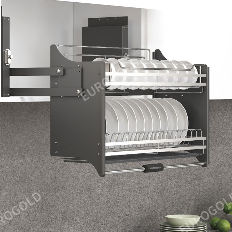 Giá bát đĩa nâng hạ inox 304 Eurogold màu ghi sang trọng. CHÍNH HÃNG EUROGOLD