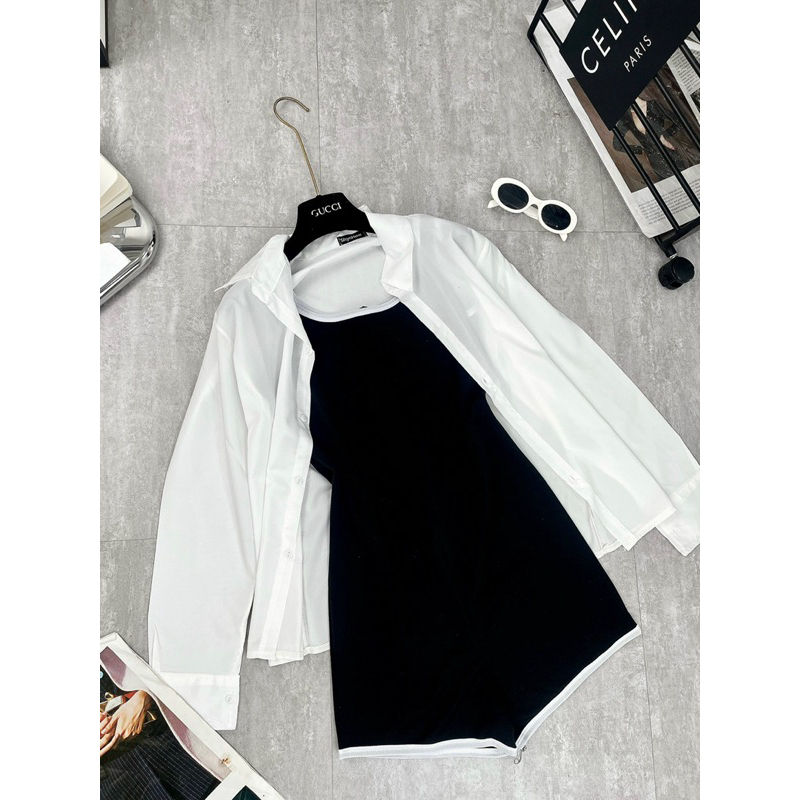 SET VÁY JUM ĐEN LIỀN MIX SƠ MI TRẮNG