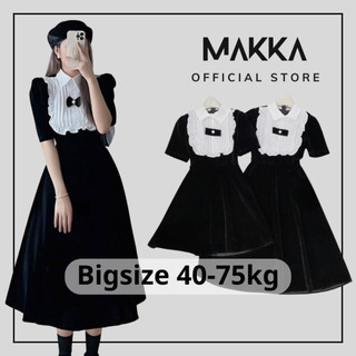 Đầm nữ bigsize makka váy nhung đen cổ sơ mi phối nơ pha bèo trắng tiểu thư 556