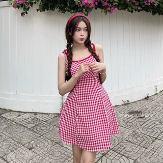 Váy caro 2 dây buộc nơ dáng chữ A bo chun lưng Havanadanang da125